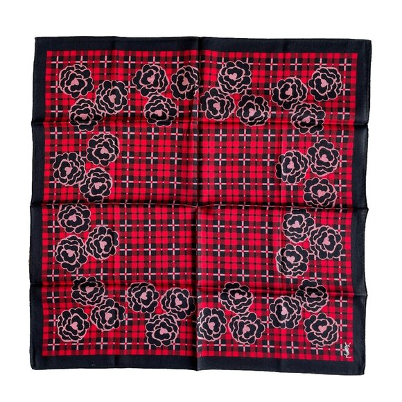 Yves Saint Laurent Vintage Cotton Scarf – Plaid Floral Design - Picture 1 of 9